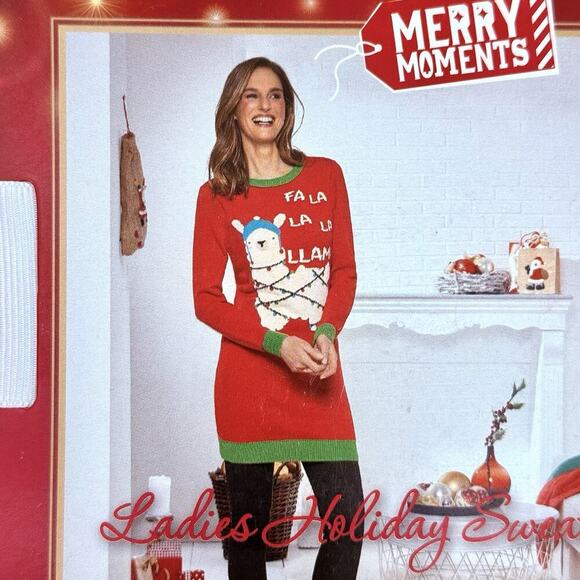 Merry Moments Llama Christmas Tunic Sweater Women’s Size Medium Funny Holiday - Picture 2 of 4